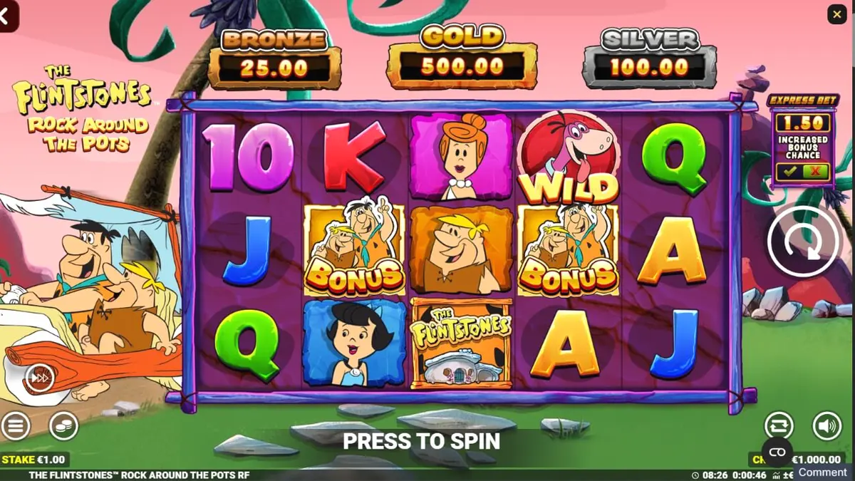 The Flintstones: Rock Around The Pots slot game screen featuring Bedrock characters