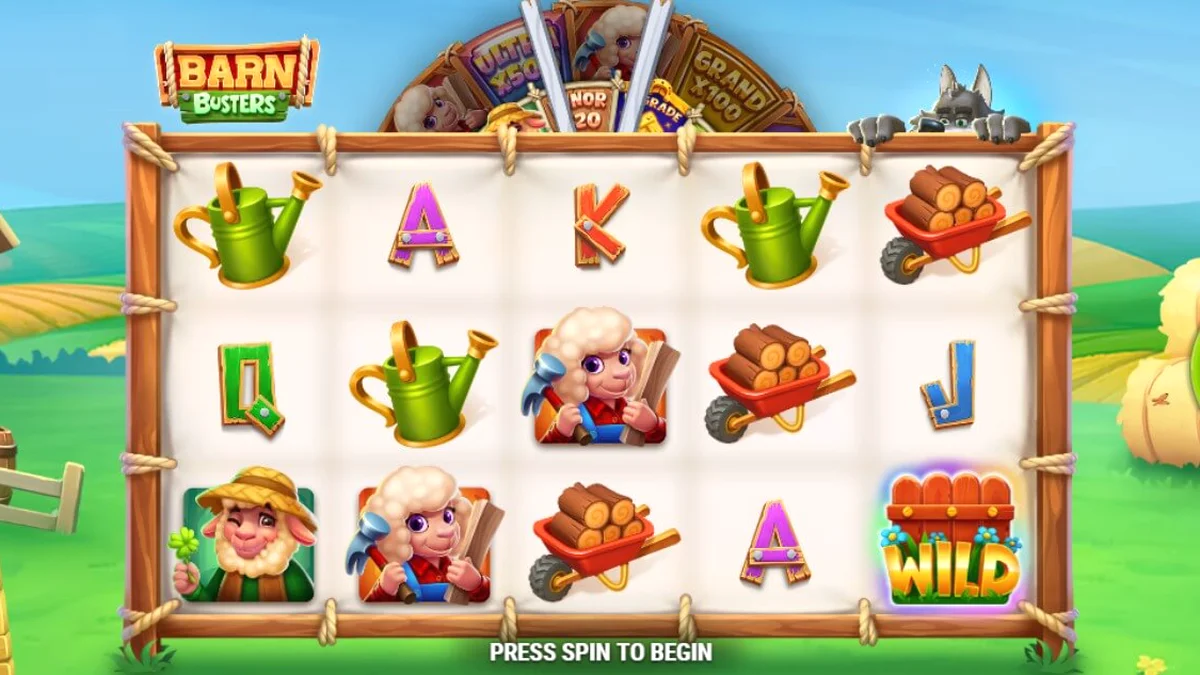 Tampilan visual slot Barn Busters dengan tema pertanian yang ceria