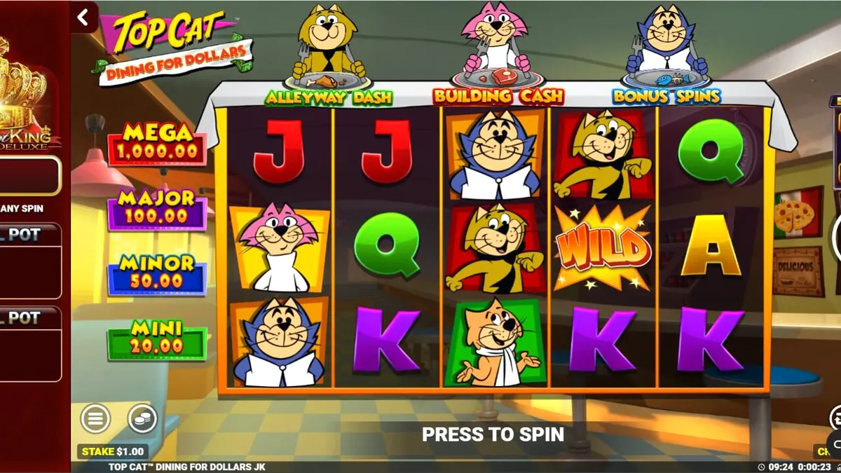 Tampilan visual slot Top Cat Dining For Dollars dengan karakter kartun klasik